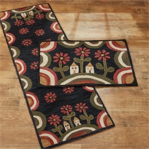 House on Hill with Flowers Hooked Rug Floor Runner