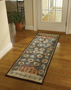 Folk Art Saltbox House and Sunflower Hooked Rug Runner