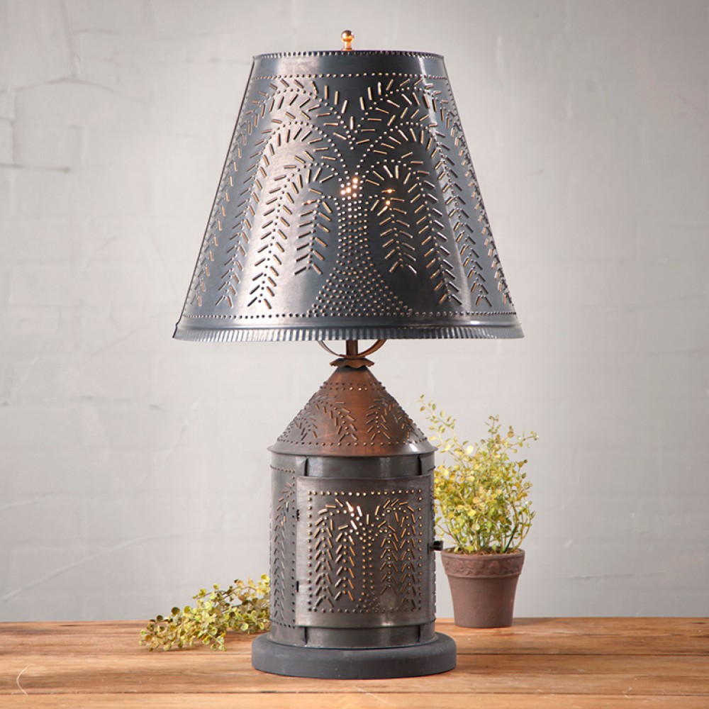 Fireside Table Lamp with punched Tin Willow Shade Vintage Farmhouse