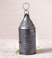 Punched Tin Primitive Candle Lantern - Smokey Black - Farmhouse Candle Holder