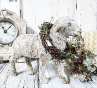 Vintage Inspired Shimmery Sheep with wreath Holiday Christmas Figurine