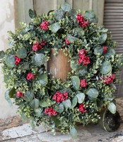 Red Berry Cluster Eucalyptus Christmas Wreath - Farmhouse Cottagecore  Decor